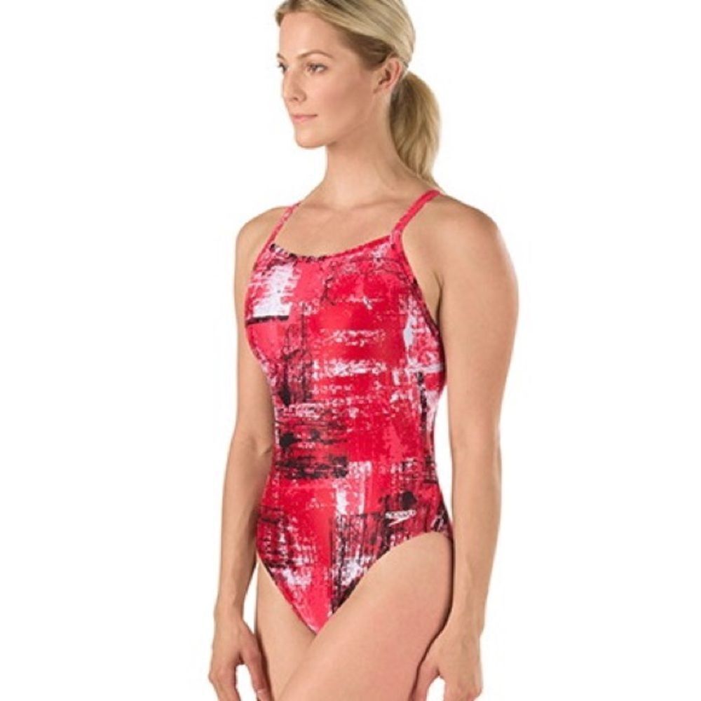 Speedo One Piece‎ Swim Suit Womens 8 Red Artsy Abstract Powerflex Eco Splatter